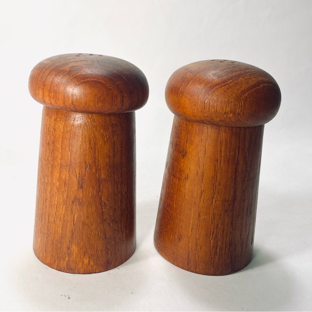 Teak Wood Salt & Pepper Shaker Set Mushroom Shape Danish MCM Mid Century Modern
